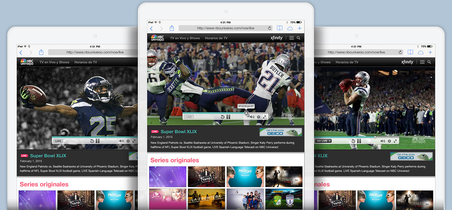 3 iPad views of Superbowl game and player functionality