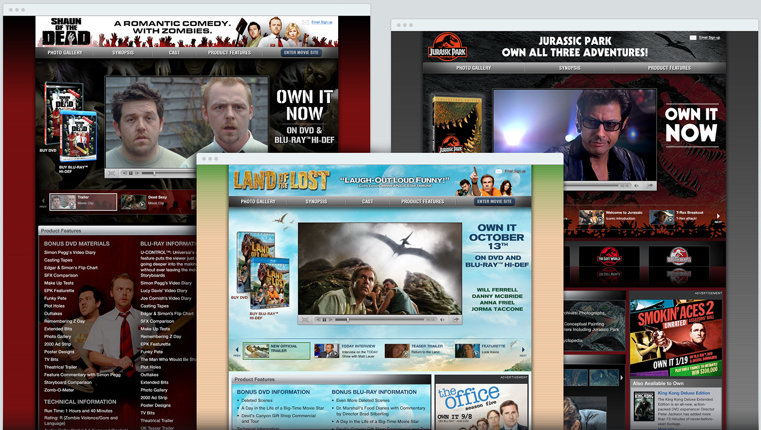 Three web pages displayed