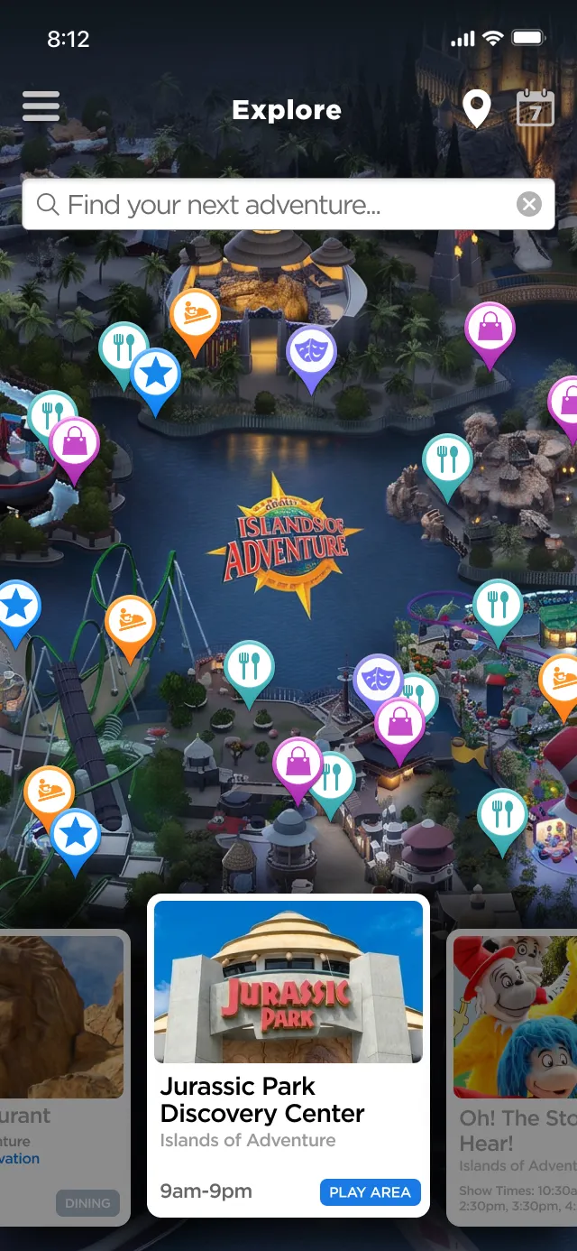 Map view of park with icons indicating attrations with search bar at the top