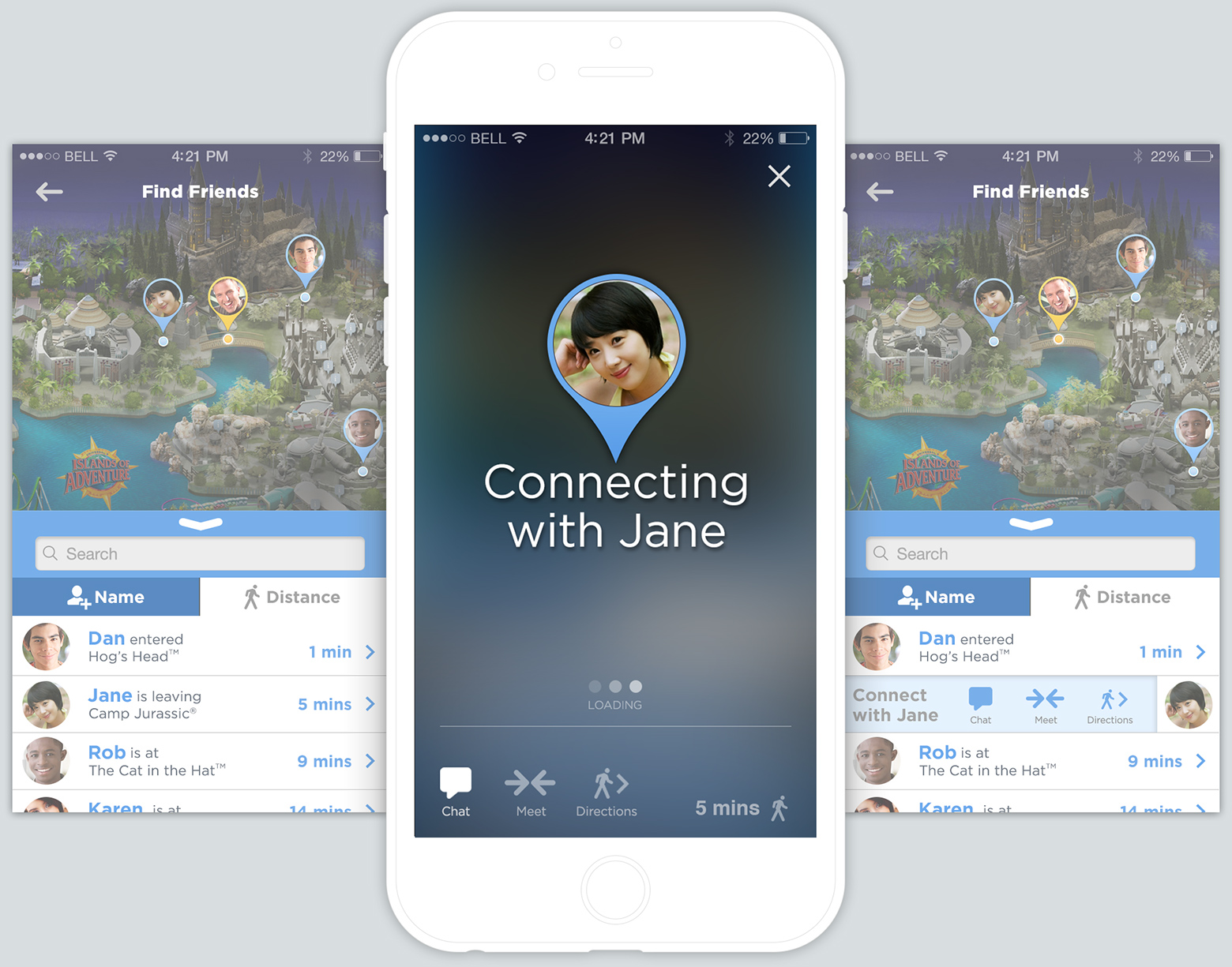 Three mobile phone views and options connecting to Jane