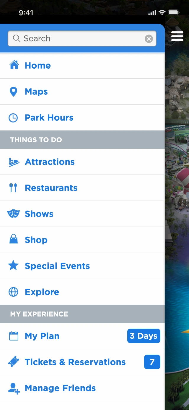 Menu opened, showcasing navigation options