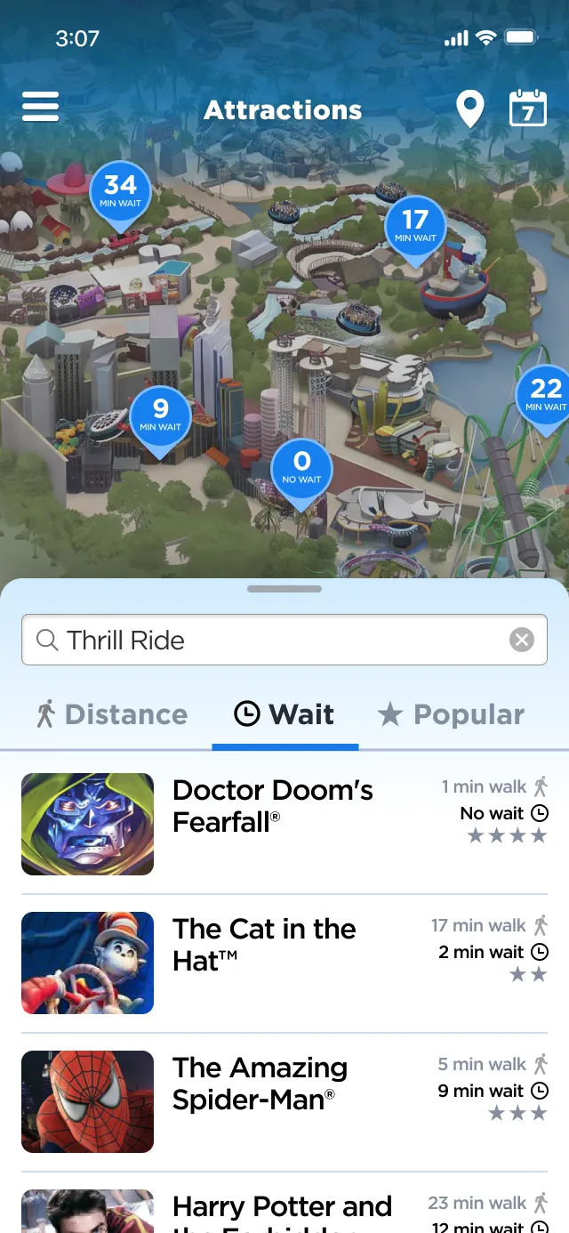 Filter applied showing map at top and bottom sheet with shortest wait time rides highest on the list